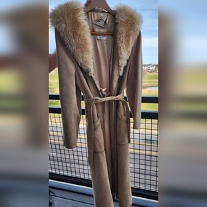 Vintage British tan Lamb's suade long coat with real wool collar